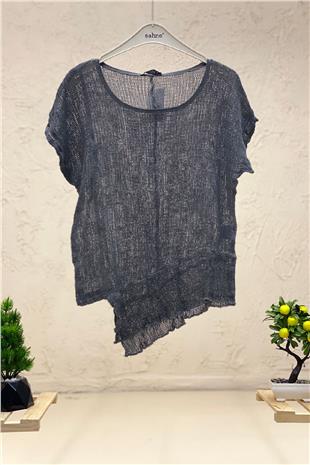 Asymmetrical Short Sleeve Mesh Detail Blouse
