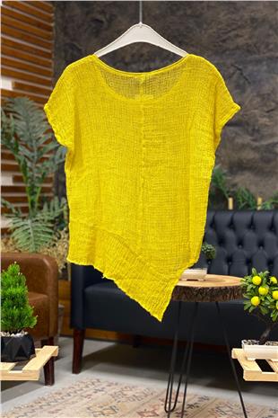 Asymmetrical Short Sleeve Mesh Detail Blouse