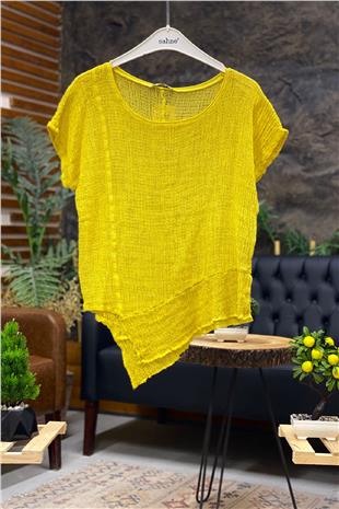 Asymmetrical Short Sleeve Mesh Detail Blouse