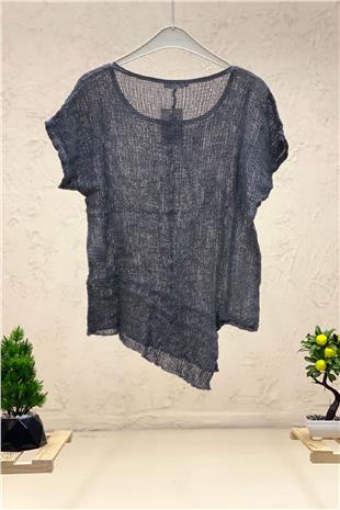 Asymmetrical Short Sleeve Mesh Detail Blouse