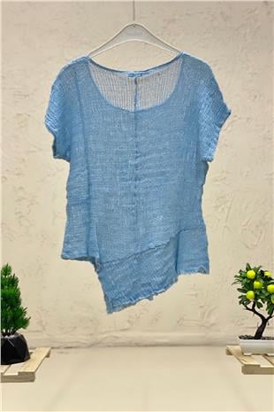Asymmetrical Short Sleeve Mesh Detail Blouse