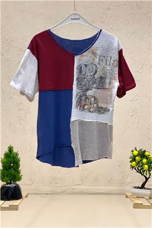 Printed Staple Stone Detailed Segmented Short Sleeve Combed Tshirt