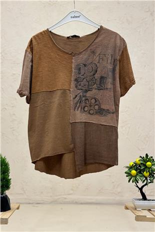Baskılı Zımba Taş Detaylı Parçalı Kısa Kol Penye Tshirt