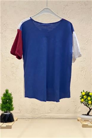 Printed Staple Stone Detailed Segmented Short Sleeve Combed Tshirt