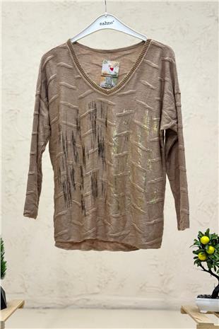 Batik Çizgi Desen V Yaka Uzun Kol  İthal Bluz