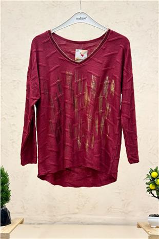 Batik Çizgi Desen V Yaka Uzun Kol  İthal Bluz