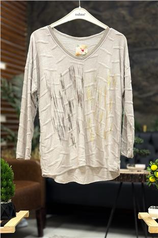 Batik Çizgi Desen V Yaka Uzun Kol  İthal Bluz