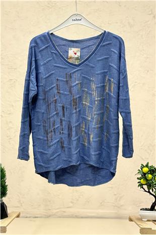 Batik Çizgi Desen V Yaka Uzun Kol  İthal Bluz