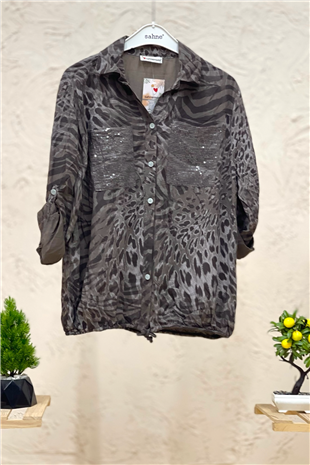Batik Leopar Desen Pul Detaylı Vual Gömlek