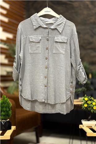 Çift Cepli Yanları Düğmeli Yakalı Keten Gömlek