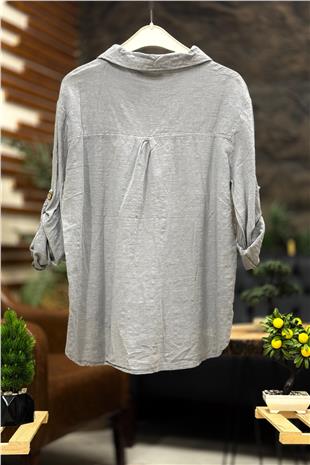 Çift Cepli Yanları Düğmeli Yakalı Keten Gömlek