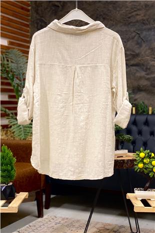 Linen Shirt with Double Pockets and Buttons on the Sides