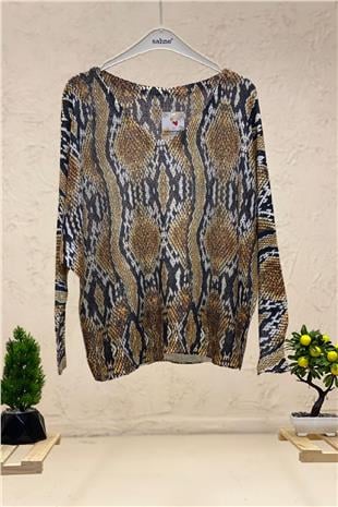 Patterned V-Neck Long Sleeve Mercerized Blouse