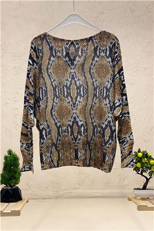 Patterned V-Neck Long Sleeve Mercerized Blouse