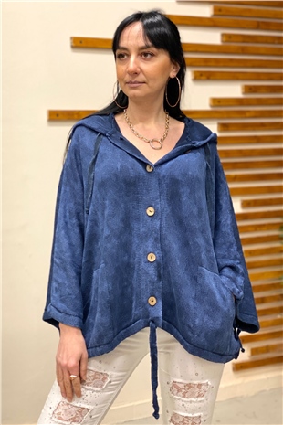 Buttoned Hooded Pocket Bat Wash Cardigan