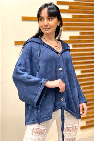 Buttoned Hooded Pocket Bat Wash Cardigan