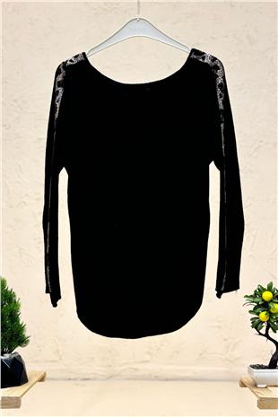 Düz Desez Kolları Taşlı Angora Bluz