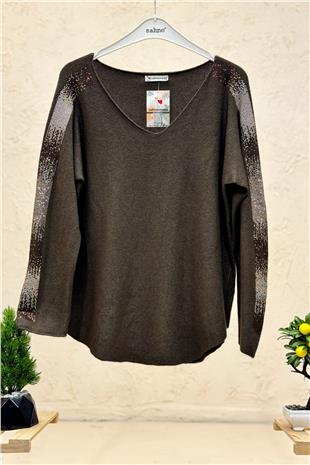Düz Desez Kolları Taşlı Angora Bluz