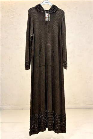 Eteği Ve Kapşonu Ajurlu Organik Uzun Elbise