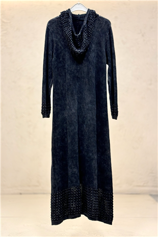 Eteği Ve Kapşonu Ajurlu Organik Uzun Elbise