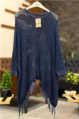 Kol File V Yaka Eteği Püsküllü Oversize Salaş Kazak