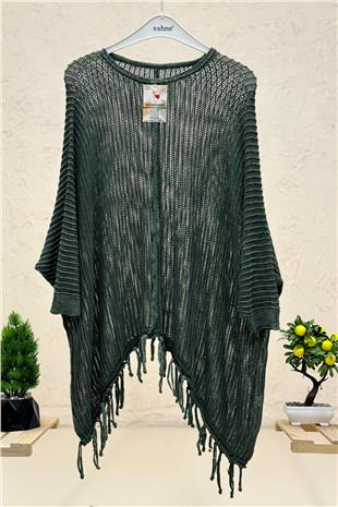 Kol File V Yaka Eteği Püsküllü Oversize Salaş Kazak