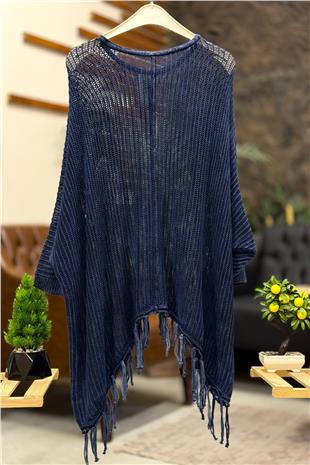 Kol File V Yaka Eteği Püsküllü Oversize Salaş Kazak