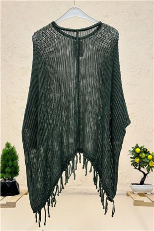 Kol File V Yaka Eteği Püsküllü Oversize Salaş Kazak