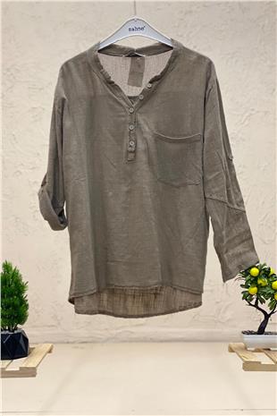 Judge Collar Pocket And Back Mesh Detail Linen Blouse