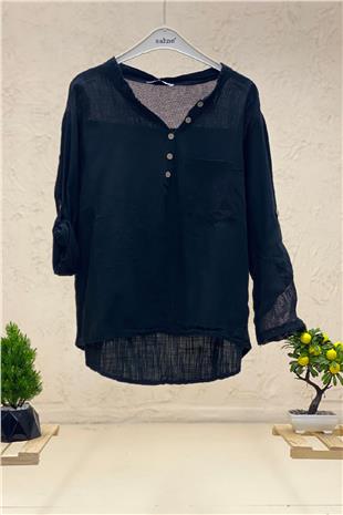 Judge Collar Pocket And Back Mesh Detail Linen Blouse