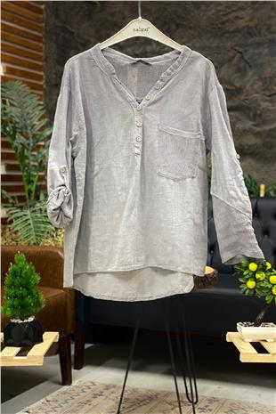 Judge Collar Pocket And Back Mesh Detail Linen Blouse