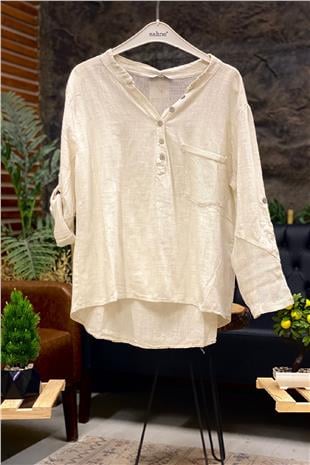 Judge Collar Pocket And Back Mesh Detail Linen Blouse