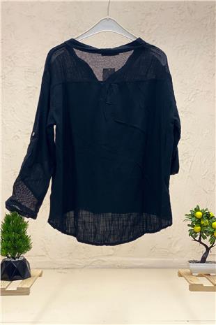 Judge Collar Pocket And Back Mesh Detail Linen Blouse