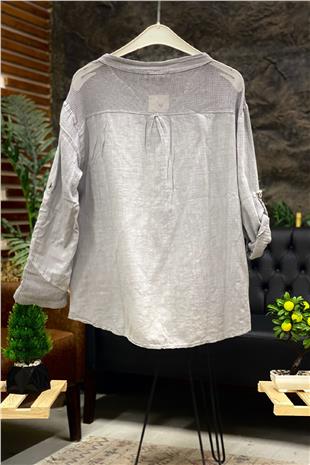 Judge Collar Pocket And Back Mesh Detail Linen Blouse