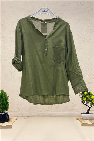 Judge Collar Pocket And Back Mesh Detail Linen Blouse