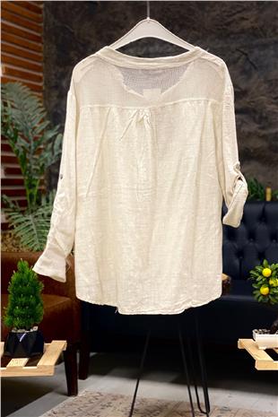 Judge Collar Pocket And Back Mesh Detail Linen Blouse