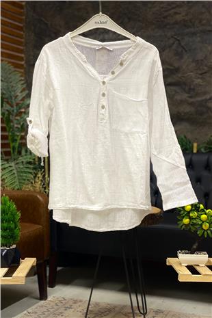 Judge Collar Pocket And Back Mesh Detail Linen Blouse