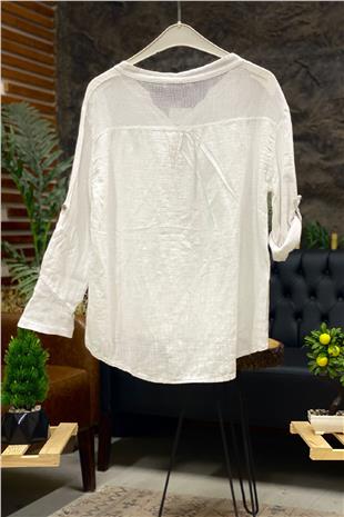 Judge Collar Pocket And Back Mesh Detail Linen Blouse