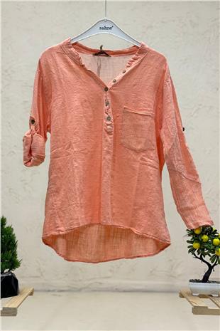 Judge Collar Pocket And Back Mesh Detail Linen Blouse