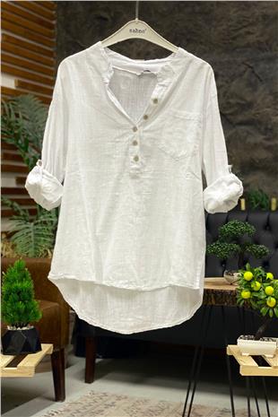 Linen blouse with dominant collar buttons