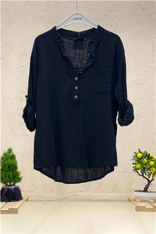 Linen blouse with dominant collar buttons