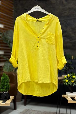 Hakim Yaka Düğmeli Keten Bluz