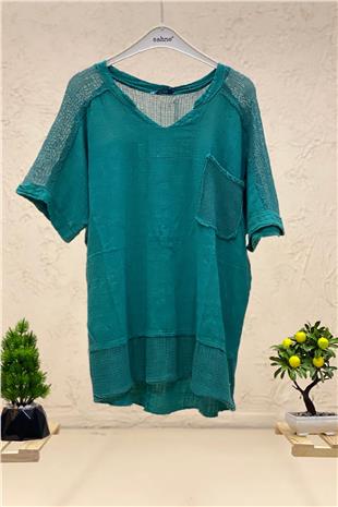 Judge Collar Shoulder Pocket Mesh Linen Blouse