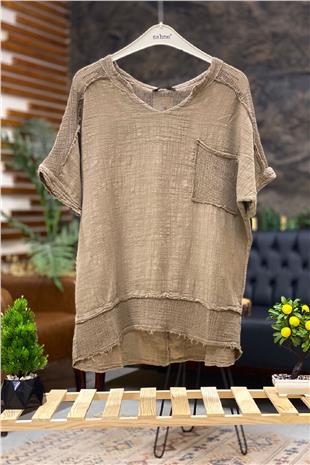 Judge Collar Shoulder Pocket Mesh Linen Blouse