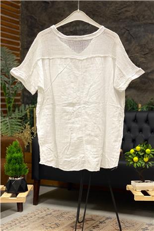 Judge Collar Shoulder Pocket Mesh Linen Blouse
