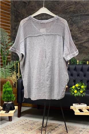 Judge Collar Shoulder Pocket Mesh Linen Blouse