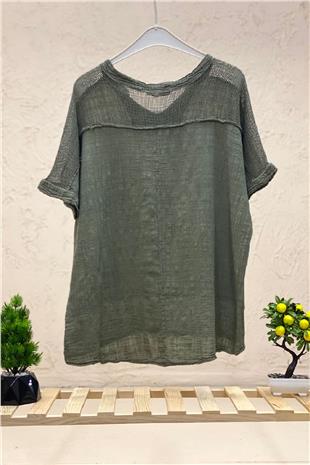 Judge Collar Shoulder Pocket Mesh Linen Blouse