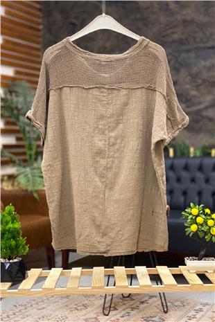 Judge Collar Shoulder Pocket Mesh Linen Blouse