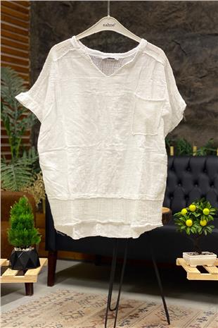 Judge Collar Shoulder Pocket Mesh Linen Blouse