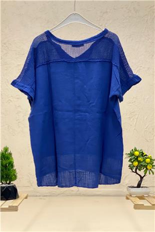 Judge Collar Shoulder Pocket Mesh Linen Blouse